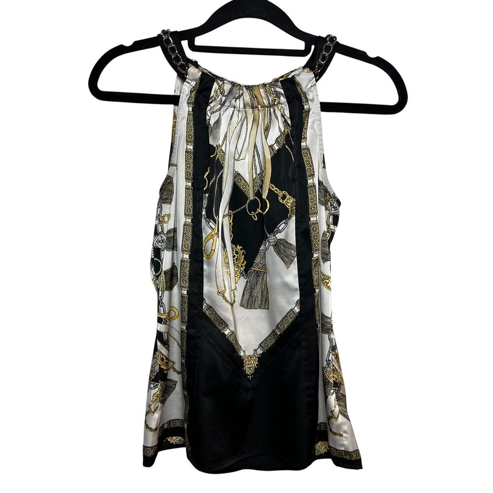 Vintage Cache Y2K Chain Link Top Silky Blouse Black White‎ Gold Size XS Halter